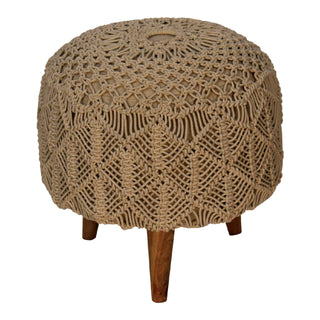 Mango Wood Frame Crochet Stool, Beige