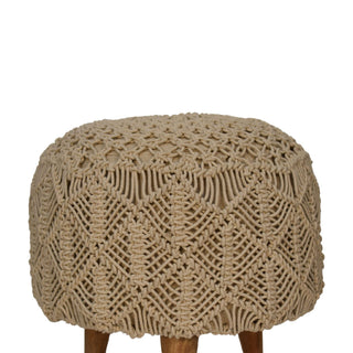 Mango Wood Frame Crochet Stool, Beige