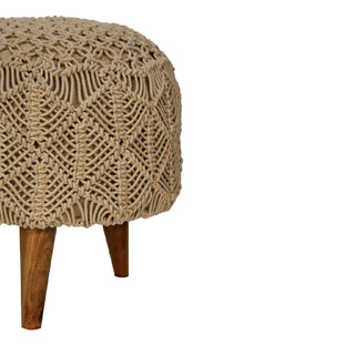 Mango Wood Frame Crochet Stool, Beige