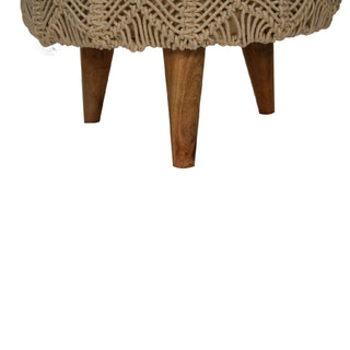 Mango Wood Frame Crochet Stool, Beige