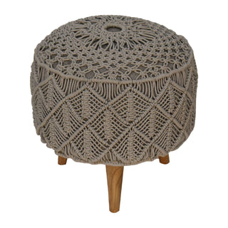 Mango Wood Frame Crochet Stool, Grey