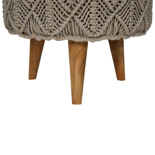 Mango Wood Frame Crochet Stool, Grey