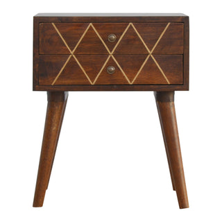Mango Wood Bedside Table with Brass Inlay and 2 Drawers, Chestnut Finish