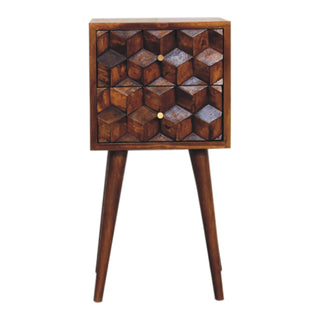 Narrow Cube Carved Bedside Table, Chestnut Finish