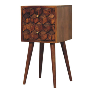Narrow Cube Carved Bedside Table, Chestnut Finish