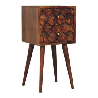Narrow Cube Carved Bedside Table, Chestnut Finish