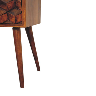 Narrow Cube Carved Bedside Table, Chestnut Finish