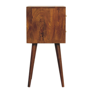 Narrow Cube Carved Bedside Table, Chestnut Finish