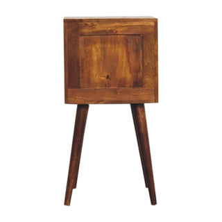 Narrow Cube Carved Bedside Table, Chestnut Finish