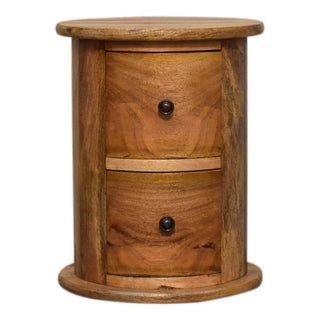 Mango Wood Drum Bedside Table with 2 Drawers, Oak Finish