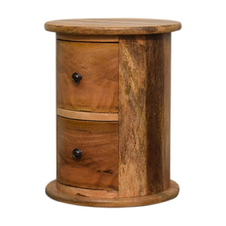 Mango Wood Drum Bedside Table with 2 Drawers, Oak Finish