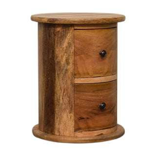 Mango Wood Drum Bedside Table with 2 Drawers, Oak Finish