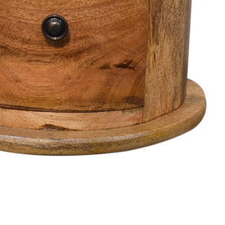 Mango Wood Drum Bedside Table with 2 Drawers, Oak Finish
