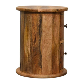 Mango Wood Drum Bedside Table with 2 Drawers, Oak Finish