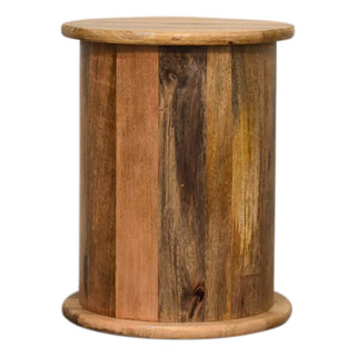 Mango Wood Drum Bedside Table with 2 Drawers, Oak Finish