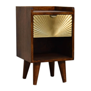 Narrow Sunrise Brass-Plated Bedside Table in Chestnut Finish
