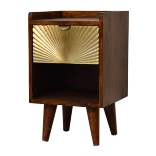 Narrow Sunrise Brass-Plated Bedside Table in Chestnut Finish