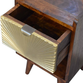 Narrow Sunrise Brass-Plated Bedside Table in Chestnut Finish