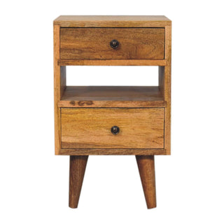 Cut-Out Narrow Bedside Table with 2 Drawers and Open Slot, Mango Wood