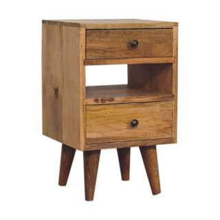 Cut-Out Narrow Bedside Table with 2 Drawers and Open Slot, Mango Wood