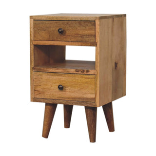 Cut-Out Narrow Bedside Table with 2 Drawers and Open Slot, Mango Wood