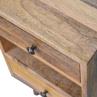 Cut-Out Narrow Bedside Table with 2 Drawers and Open Slot, Mango Wood