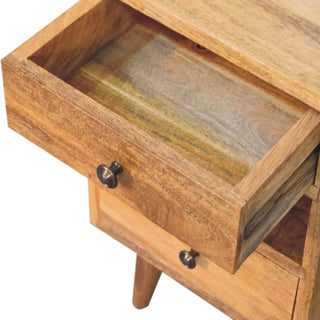 Cut-Out Narrow Bedside Table with 2 Drawers and Open Slot, Mango Wood