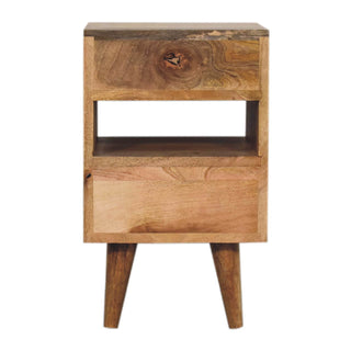 Cut-Out Narrow Bedside Table with 2 Drawers and Open Slot, Mango Wood