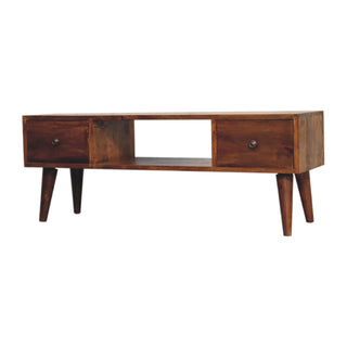 Classic 2-Drawer, 1-Shelf Coffee Table in Chestnut Finish