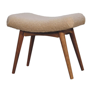 Curved Mango Wood Bench with Bouclé Upholstery - Cream