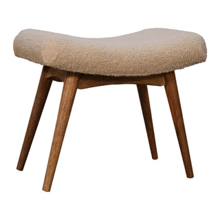 Curved Mango Wood Bench with Bouclé Upholstery - Cream