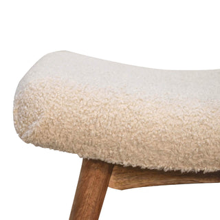 Curved Mango Wood Bench with Bouclé Upholstery - Cream