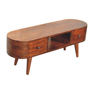 Mango Wood Round Coffee Table with 2 Drawers, Chestnut Finish