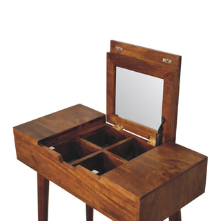 Mango Wood Narrow Dressing Table with Foldable Mirror, Chestnut Finish
