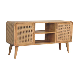 Mango Wood Media Unit with 2 Cabinets, 2 Shelves, and Rattan Fronts