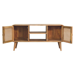 Mango Wood Media Unit with 2 Cabinets, 2 Shelves, and Rattan Fronts