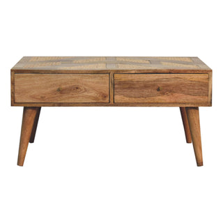 Mango Wood Coffee Table: Rattan Details & 4 Storage Drawers