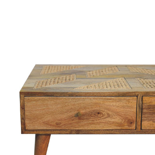 Mango Wood Coffee Table: Rattan Details & 4 Storage Drawers