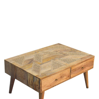 Mango Wood Coffee Table: Rattan Details & 4 Storage Drawers