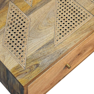 Mango Wood Coffee Table: Rattan Details & 4 Storage Drawers