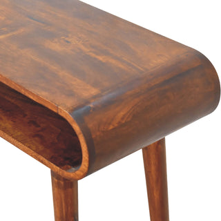 Curved Open-Shelf Console Table – Mango Wood, Chestnut Finish