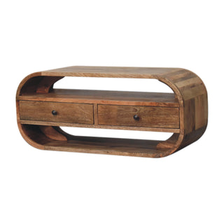 Curved 2-Drawer TV Stand with Shelf – Mango Wood, Oak Finish
