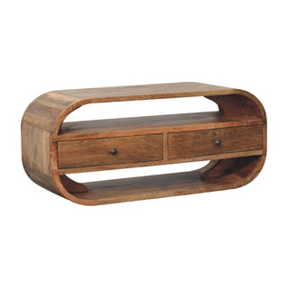 Curved 2-Drawer TV Stand with Shelf – Mango Wood, Oak Finish