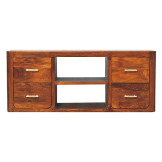 Mango Wood 4-Drawer TV Stand, Chestnut Finish with T-Bar Handles