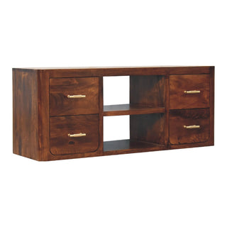 Mango Wood 4-Drawer TV Stand, Chestnut Finish with T-Bar Handles