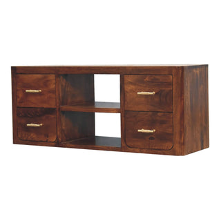 Mango Wood 4-Drawer TV Stand, Chestnut Finish with T-Bar Handles