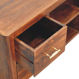 Mango Wood 4-Drawer TV Stand, Chestnut Finish with T-Bar Handles