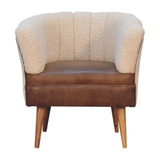 Mango Wood Frame Armchair with Buffalo Leather and Bouclé Upholstery