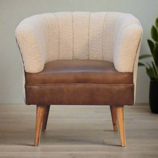 Mango Wood Frame Armchair with Buffalo Leather and Bouclé Upholstery
