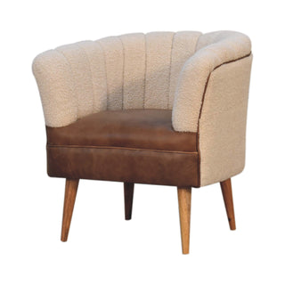 Mango Wood Frame Armchair with Buffalo Leather and Bouclé Upholstery